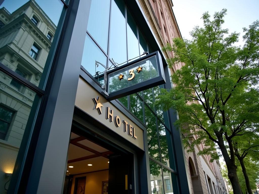 This image showcases the entrance of a four-star hotel. The sign prominently displays the word 'HOTEL' with four stars following it, indicating its quality rating. The building features a modern design with a sleek glass facade. There is a clear reflection of the surrounding buildings and trees in the windows, adding depth to the image. The tall trees beside the hotel enhance the green aesthetics of the urban environment.