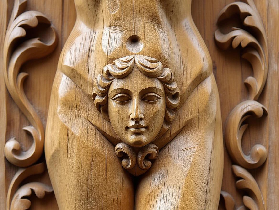 Closeup relief sculpture carved in wood showing a nude woman's hips. Detailed artistry around the pubic area. Carving emphasizes texture and form. Suitable for art appreciation and craftsmanship analysis.