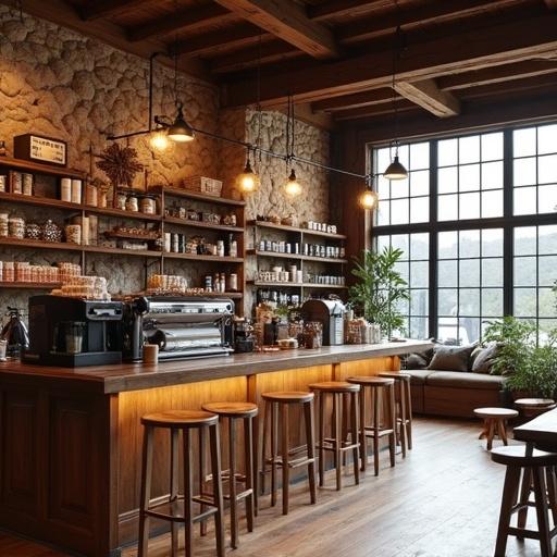 Stylish interior design of a coffee shop with wooden bar. Coffee equipment prominently displayed. Soft warm light from hanging lamps adds a cozy feel. Shelves are filled with various coffee supplies. Large windows showcase an outdoor view. Walls made of distinct exposed rock complement the country western timber aesthetic.