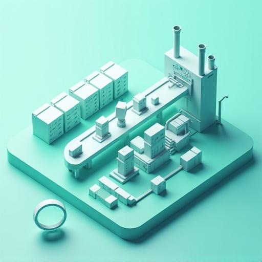 Modern minimalist 3D isometric view of a factory with conveyor belts. Cubes are being transported. A magnifying glass examines the cubes. Teal color scheme used in minimalist style.