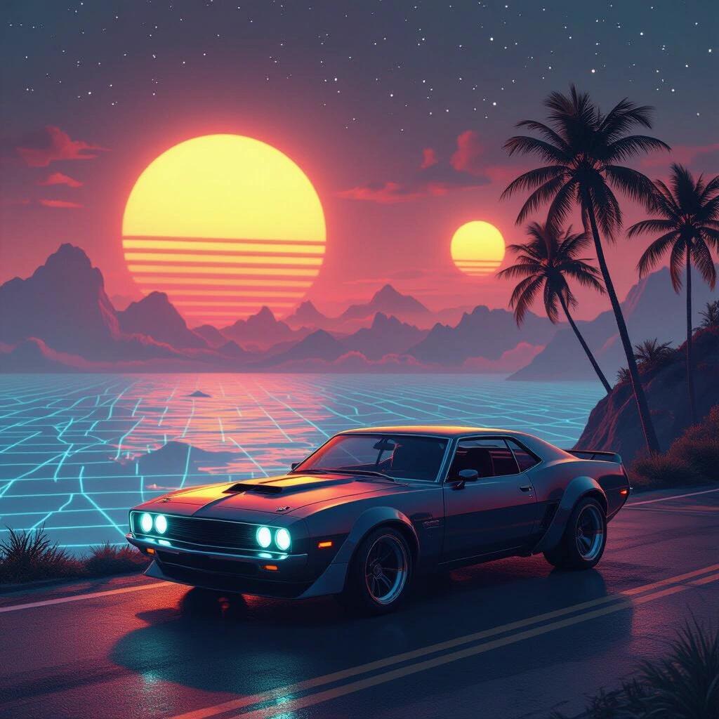 Futuristic muscle car parked at glowing cliff edge with twin suns setting over vaporwave grid horizon and palm trees swaying in synthetic wind.