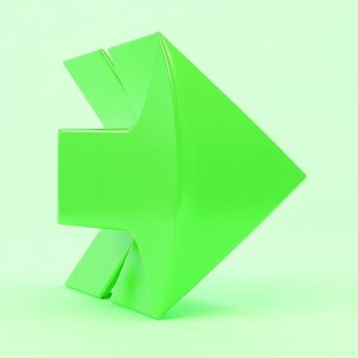A glossy 3D green arrow centered on a clean background. Arrow features smooth curves and a shiny surface. The vivid green color creates a dynamic appearance.