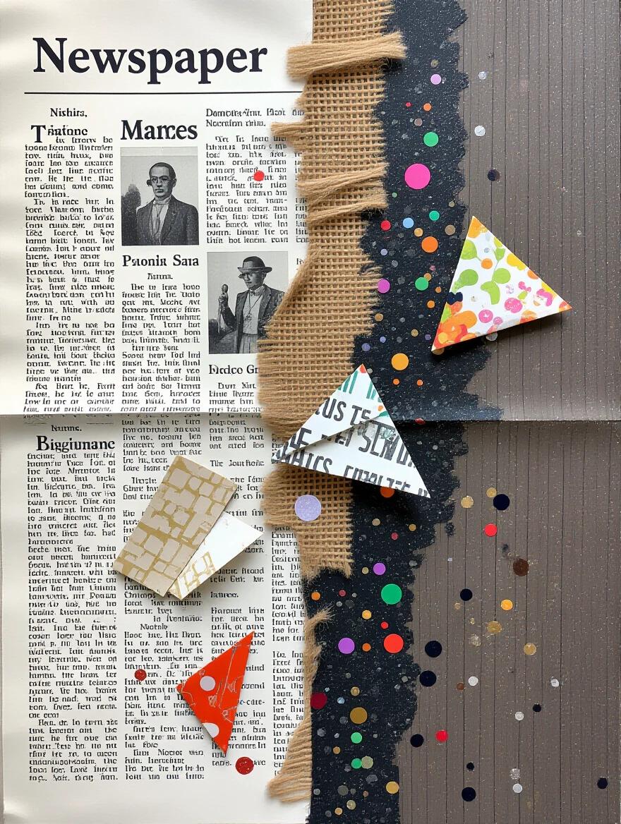 Mixed media composition featuring newspaper jute fiber wood sand glitter confetti and origami. Three-dimensional layered art with rich textures and colors. Bright hues and complex structures. Artistic expression with depth and surface appeal. Evocative and stunning.