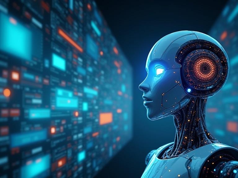 Robot with glowing circuits represents AI-generated content. Background filled with digital screens shows data flow. The robot symbolizes the future of technology and content creation.