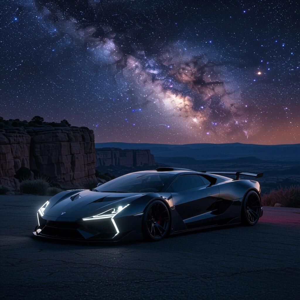 Dark scenic landscape features a parked futuristic hypercar at night. Nebulous sky filled with stars above the car. Angular design and low rider aesthetic capture attention on a cliff.
