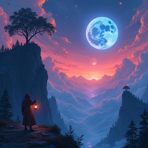 Surreal illustration of a melting clock on a floating mountain, purple sky full of planets, upside down trees, birds with paper wings. A hooded figure observes, holding a lantern emitting liquid blue light. Scene conveys mystery, distorted time, lucid dream with vibrant colors and dramatic shadows, digital art style.