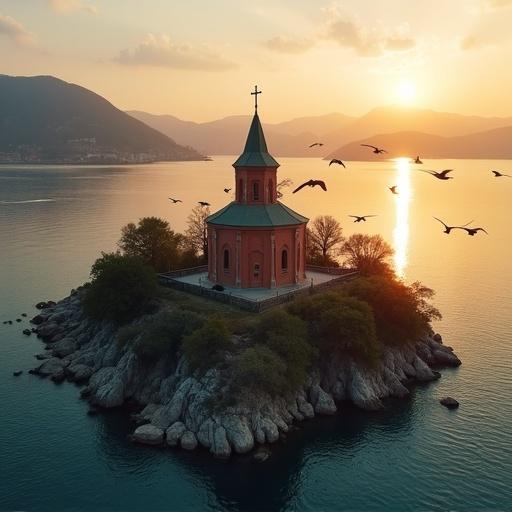 Aerial view of Akdamar Church located on an island. The scene captures the golden hour with vibrant colors. Birds are flying over the serene water surrounding the church.