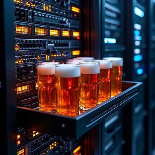 A rack full of Cisco switches illuminated with orange lights. A tray of beers stands on a shelf in front of the rack. The scene captures the juxtaposition of technology and leisure.
