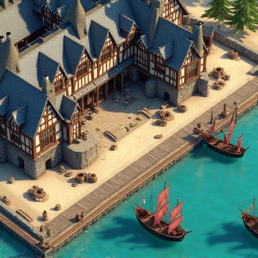 Isometric view of a sprawling medieval port town scene featuring a large half-timbered guildhall with steep blue-grey slate roofs and multiple gables. The structure has stone foundations and wooden docks extending into turquoise water. Several detailed medieval sailing ships are moored and at sea. Additional elements include crates, barrels, and a sandy beach area. The scene is vibrant and stylized, resembling a 3D render of a detailed miniature world, suitable for an RTS game.