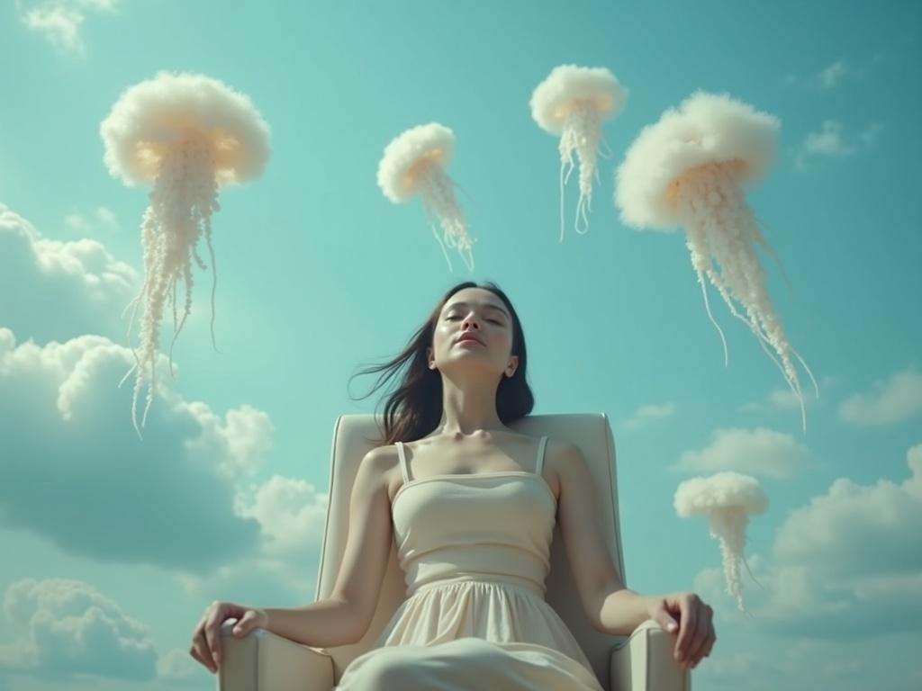 Surreal video with woman in chair eyes closed surrounded by fluffy jellyfish in sky concept psychotherapy