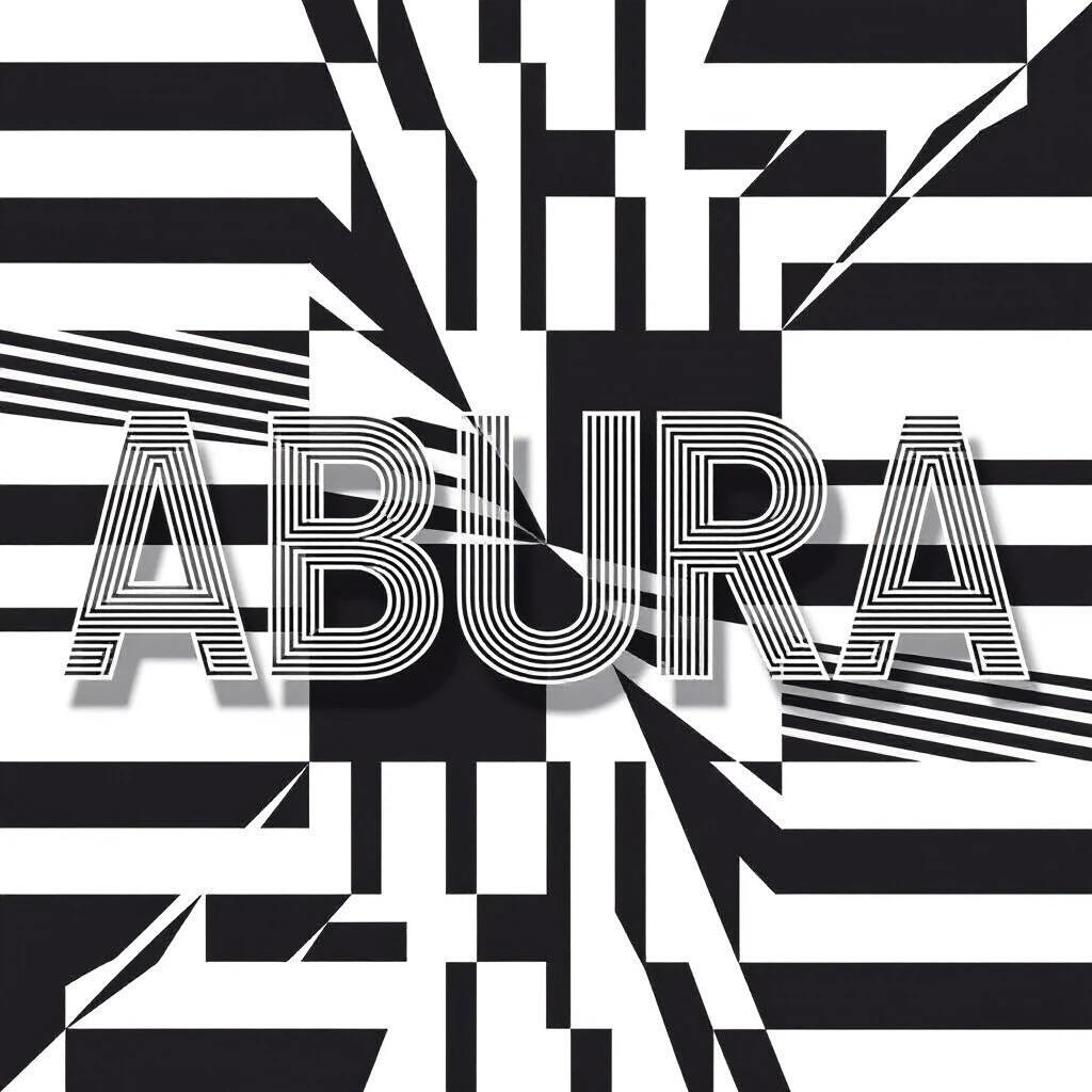 A bold and minimalist graphic with the text 'ABURA'. Text constructed from straight lines in horizontal and vertical orientations. Grid-based design style for characters as blocky shapes. Composition in black and white tones creates a clean modern feel. Emphasis on symmetry and strong linear structure reminiscent of digital art.