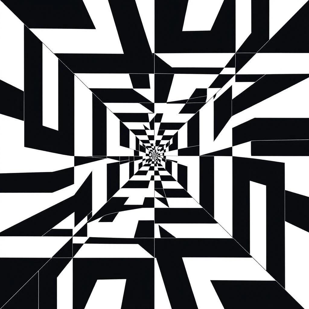 Minimalist abstract composition titled ABURA. Created using straight lines only. Features geometric interplay of bold black and white lines. Forms a structured grid-like pattern. Evokes modern architectural feel. Clean and precise design. Emphasizes symmetry and contrast.