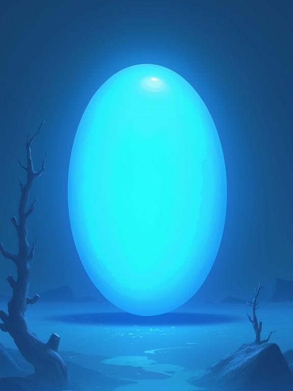 Fantasy trading card game back design featuring a glowing blue oval stone in the center. The overall theme is sky blue with a clean and symmetrical composition. 2D illustration with an ethereal and fun aesthetic.