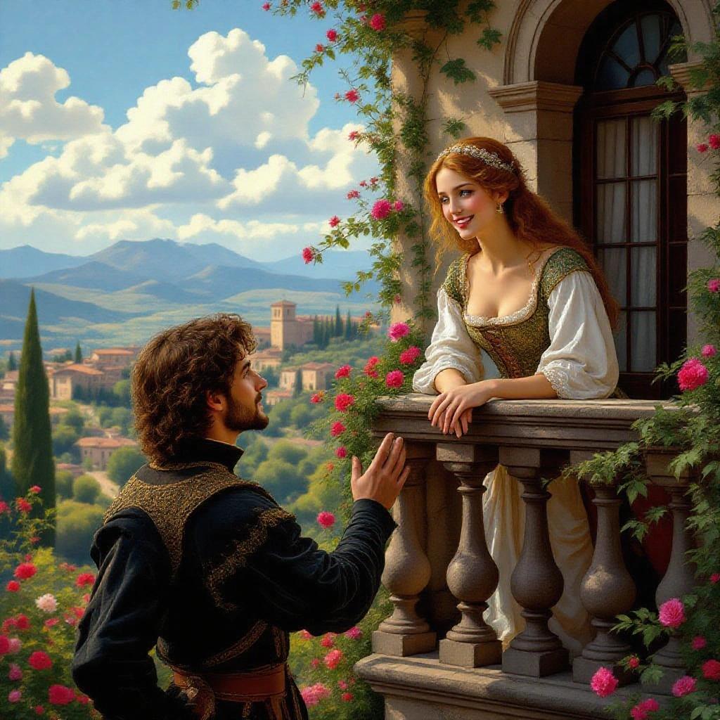 Handsome Romeo stands in an Italian villa garden. Beautiful young woman named Juliet smiles from the balcony above. Scene evokes romance and love with an Italian backdrop.