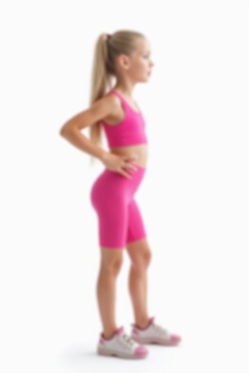 A blonde caucasian girl approximately 10 years old standing sideways. She wears pink cycling shorts and a crop top. The background is white. High resolution. Photo realistic. Focused. Highest quality.