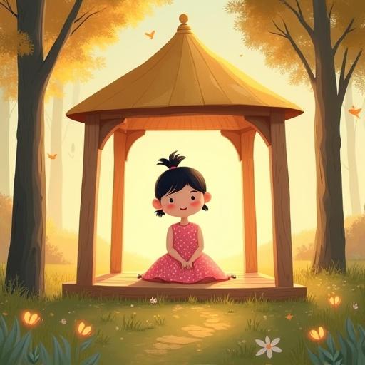 Flat-style illustration for children's story. Young girl with black ponytail in a pink polka dot dress. She sits in a simple wooden house with five visible columns and a golden dome roof. Light enters. Girl appears happy. Surrounding trees, birds, peaceful garden. Magical lighting suggests she imagines this scene.