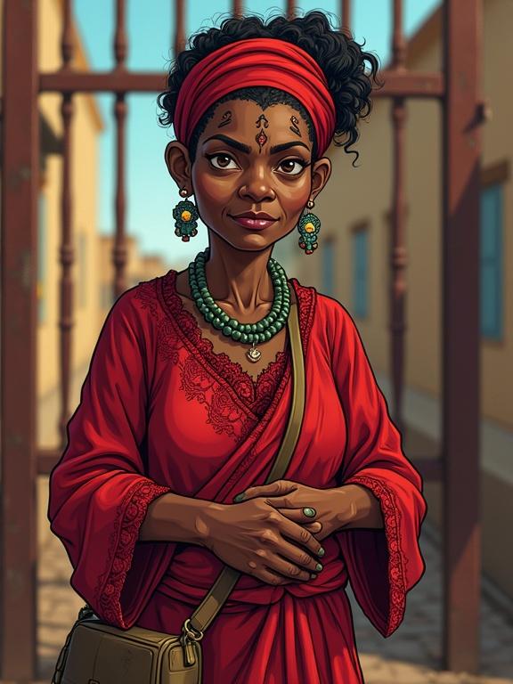 A stout African woman with tribal marks and a head tie stands by a gate. She wears a deep red lace blouse and a double wrapper. Her expression is stern but traditional. She clutches her bag with wary eyes. Maintain vibrant colors and soft lighting. Ensure a cartoonish style while retaining her hairstyle and clothing style.