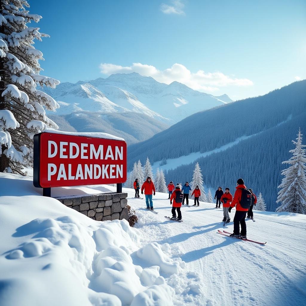 Mountain snow ski area with a sign saying DEDEMAN PALANDOKEN and people skiing nearby.