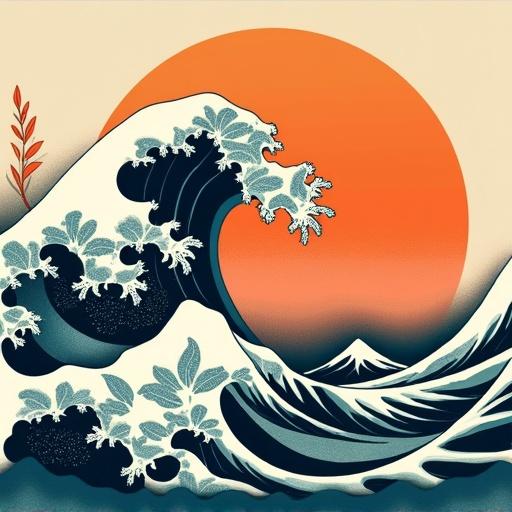 Abstract art depicting waves and sunrise with plant elements. Features a vibrant burnt orange sun and dynamic tsunami waves. Boho and floral art style. Suitable for modern home decoration.