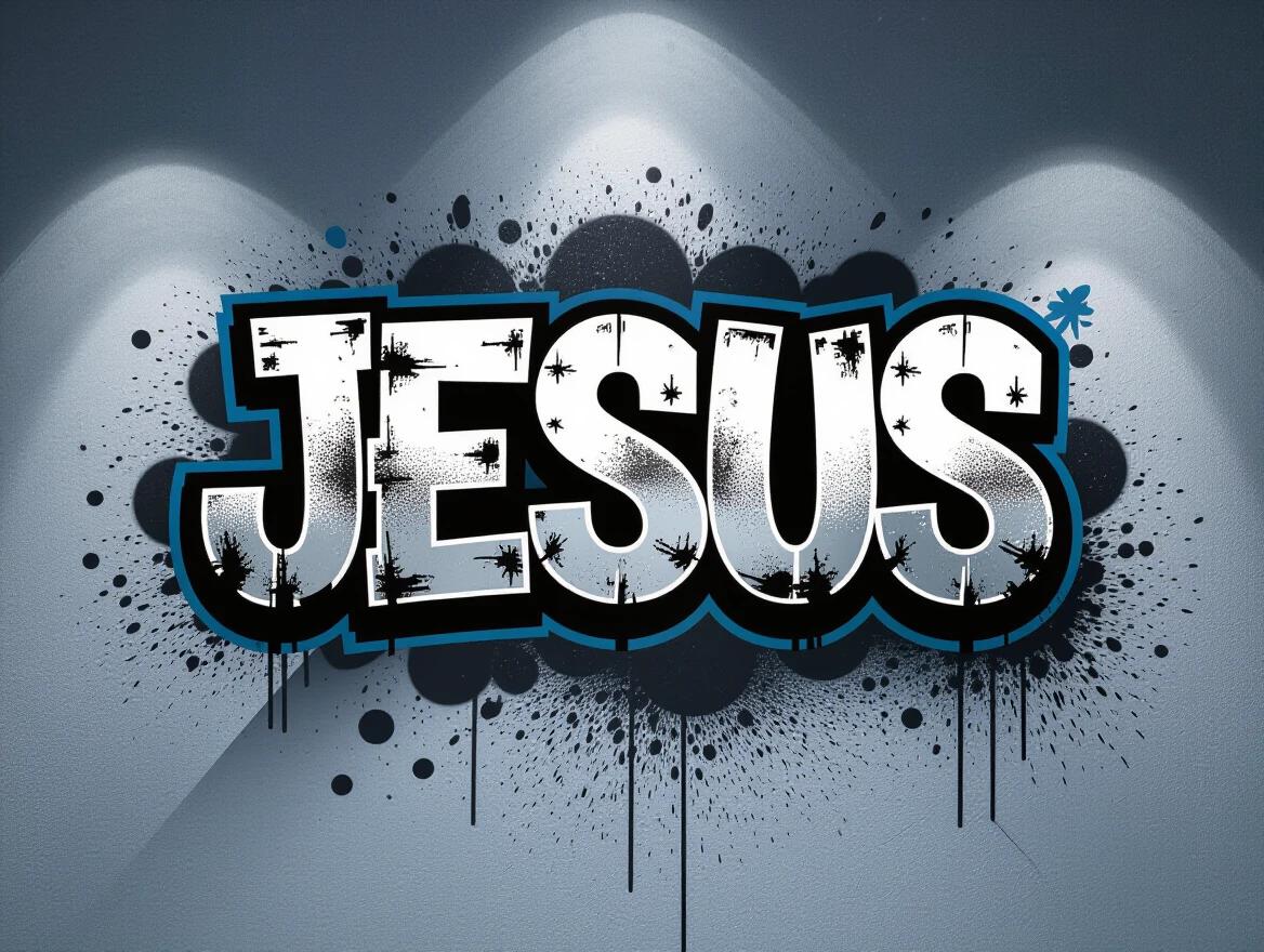 Vibrant image featuring bold letters spelling JESUS in modern graffiti style. The artwork includes a distressed texture, strong highlights and shadows, and a black spray-painted background. Light gray surface adds texture. Cool tones dominate with a splash of red and maroon, creating a striking, contemporary art piece.
