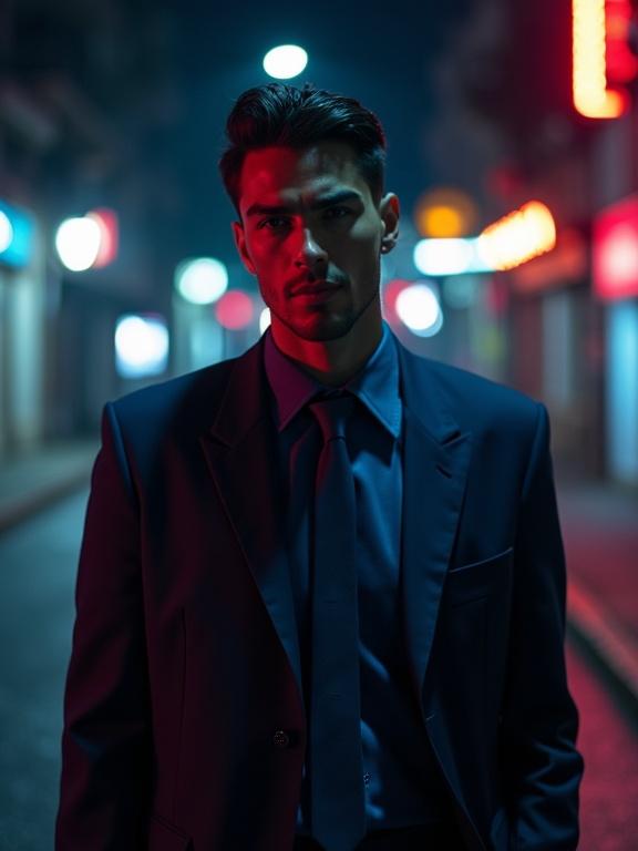 Photorealistic 25 year old handsome young tough guy in dark blue suit standing in Recife night. Brazilian street lit by neon streetlights creates gritty atmosphere. Strong lighting contrasts with a moody feel. Camera captures from low angle.