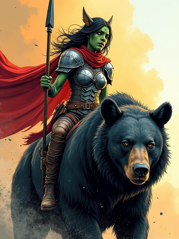 Hand-drawn comic illustration features a female goblin warrior with green skin in heavy armor. She holds a spear and rides a black bear. Cinematic composition highlights her strong pose and detailed features. Vivid colors and bold outlines create a dynamic visual style.