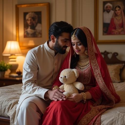 Wealthy Pakistani couple in a luxurious traditionally decorated bedroom. Elegant furniture visible. Soft warm lighting enhances upper-class South Asian interior decor. Wife, in simple traditional attire, sitting on the bed edge, holding teddy bear and looking sad. Husband beside her, comforting and supportive. Wedding photo displayed on wall shows their past happiness with smiling expressions. Emotional atmosphere of sorrow and struggle with infertility.