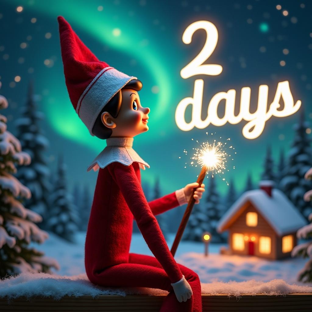 An elf on the shelf sits with its back to the viewer, gazing skyward. It holds a glowing wand that emits sparkling light. The background showcases a charming Christmas scene with colorful northern lights swirling above. In the distance, a cozy house is seen, decorated for the holidays. Snow covers the ground, adding to the winter atmosphere. The elf is in a playful position, embodying the spirit of magic and wonder associated with Christmas. The name '2 days left' is written in the air using the wand, creating a sense of holiday cheer.