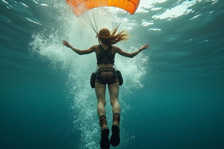 Submerged camera captures diver entering water. Back facing lens. Body enters feet first. Dark brown crop top and tactical shorts visible. Black thigh straps and rugged boots. Golden hair streams upward. Massive splash erupts. Bubbles ripple. Parachute scraps fade above. Light fractures through waves.