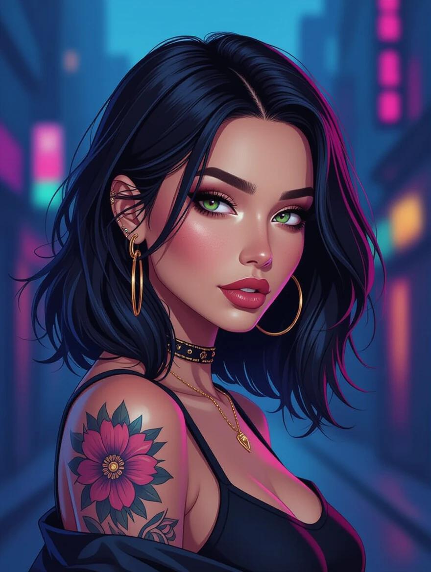 Digital illustration showcases a woman with dark hair and trendy fashion. She exudes a mysterious vibe complemented by notable tattoos. The background features a dark neon tech atmosphere.