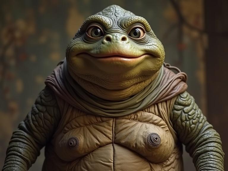A creature with a rounded face and large eyes based on a sci-fi character. The creature has a green and brown textured skin. Its body resembles a humanoid form wearing a cloak. Facial expression is friendly yet quirky. Background features a subtle, abstract design without distractions.