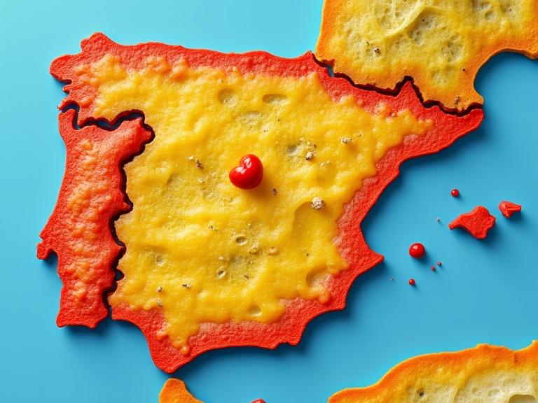 Create a realistic map of Spain. Highlight Spanish foods by community. The image should be visually appealing and cinematic in style.