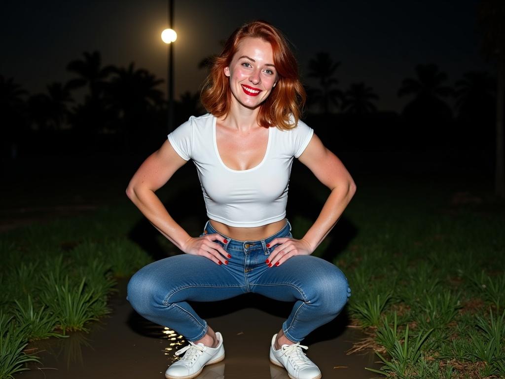 Woman with reddish shoulder-length hair. Slim athletic build. Wearing white t-shirt and blue jeans. Performing pistol squat. Nighttime setting with moon behind palm trees. Flash photography highlights details.