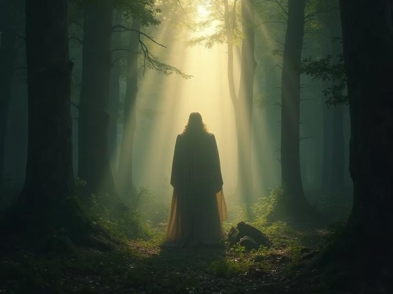Enoch standing in a forest. Soft divine light shining down. Faint whispering wind effect. Realistic style. Mystical tones. 9:16 aspect ratio.