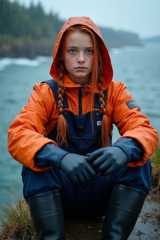 Teen girl with long red hair in pigtails. Wearing orange fisherman's jacket and navy blue dungarees. Sitting on a cliff looking at the sea. Torrential rain falling. Clothes and hair soaked. Stormy clouds in background.