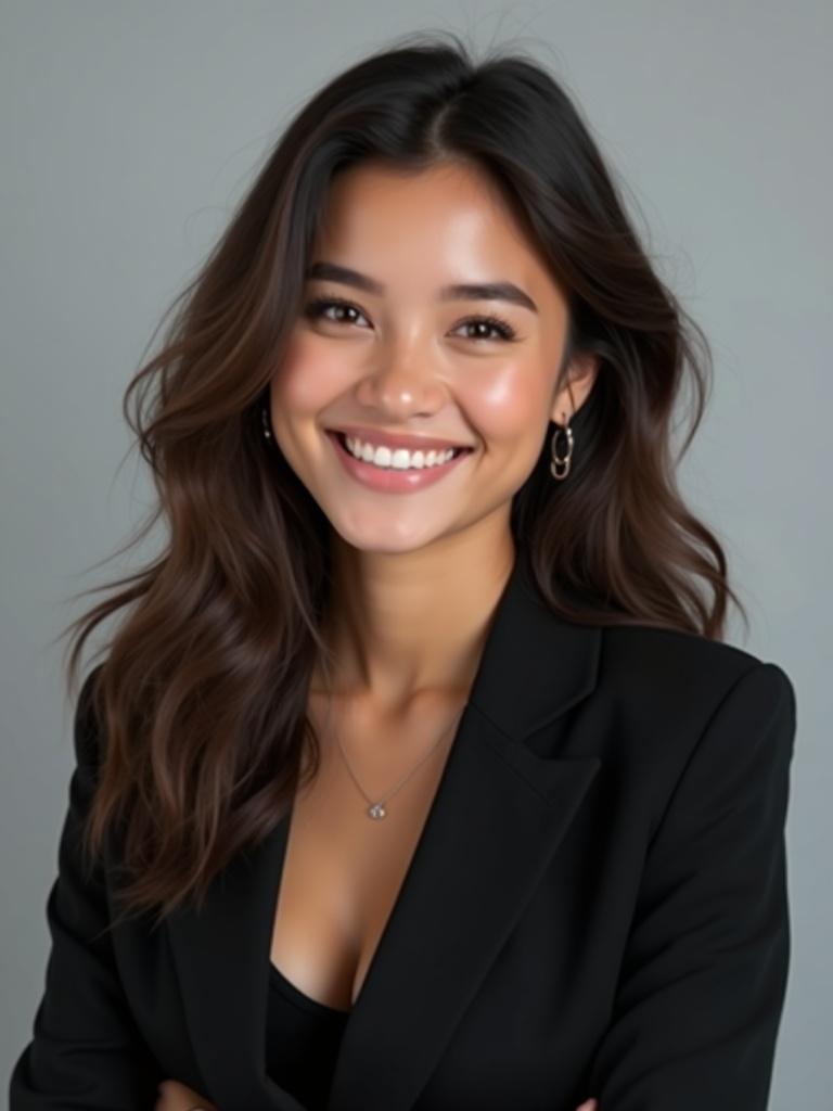 A young woman smiles brightly. She has long hair and wears a black blazer. The background is gray, highlighting her features. Her pose is relaxed, reflecting grace. The portrait exudes positivity, appearing photorealistic in 4k.