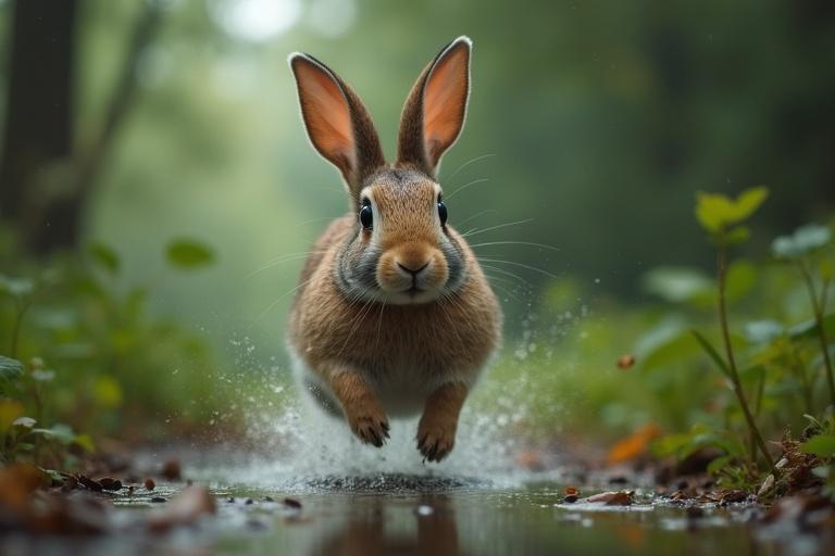 A rabbit is running quickly through a wet forest. The scene evokes a sense of movement and urgency as it escapes danger. Focus on the rabbit mid-air splashing water.
