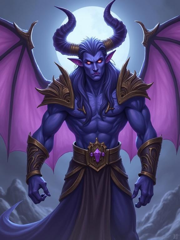 A strong demon character with purple skin and large horns stands in front of a full moon. Wings are expansive and skin has a shiny texture. The figure wears ornate armor adorned with a gemstone. Muscles are well-defined and the pose conveys power and majesty.