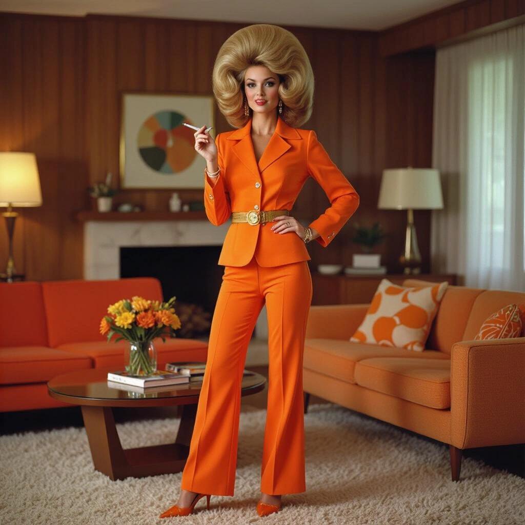 1970s house wife with big bouffant hair. She holds a cigarette and wears an orange pantsuit with high heels. Standing in a stylish mid-century living room.