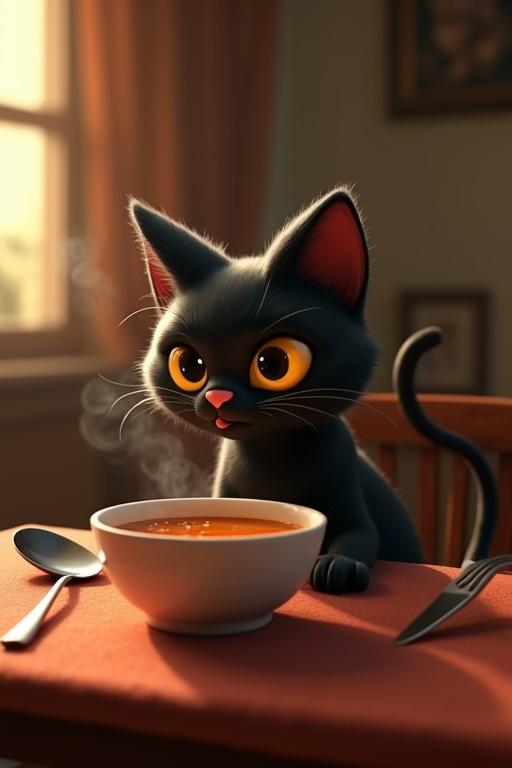 A cartoon cat sits beside a bowl of stew. The glossy black cat has wide yellow eyes. The scene has Pixar-style animation. The cat's tongue dips into the broth. Suddenly, the cat freezes and tips over. A woman drops a spoon in shock, and a man gasps. The kitchen is silent with ominous shadows.
