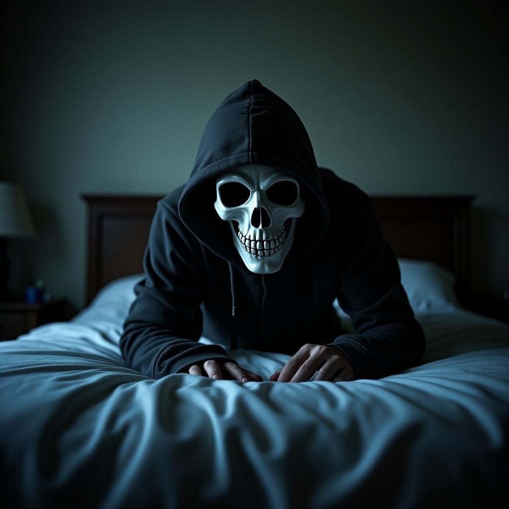 Eerie scene in a dimly lit room. Figure wearing a skull mask leans ominously on an unmade bed. Dressed in a hooded sweatshirt. Tense atmosphere with low light and shadows. Unsettling feel suggesting an impending threat.