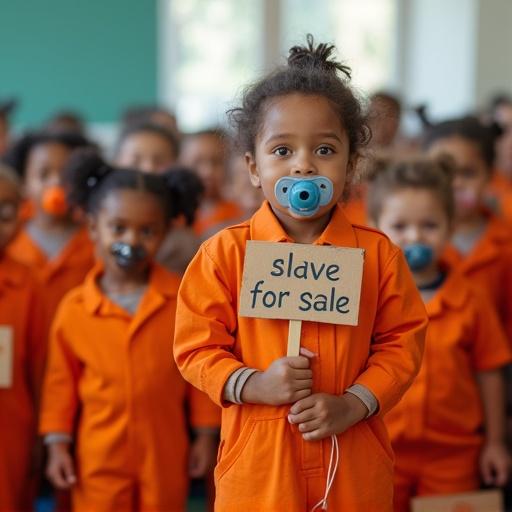 Bright classroom setting with children wearing orange jumpsuits. Children hold cardboard signs. One sign says slave for sale. Children's hands are tied. Teacher acts as a seller. Parents pretend to buy. Atmosphere is playful and fun.