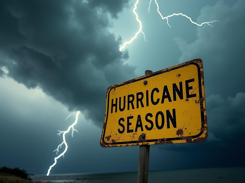 The image depicts a weathered yellow sign reading 'HURRICANE SEASON' set against a dramatic stormy sky. The sign is leaning slightly, suggesting it has faced harsh winds before. Dark, ominous clouds swirl around, hinting at approaching inclement weather. In the background, bolts of lightning flash across the sky, adding to the intensity of the scene. The overall atmosphere evokes a sense of urgency and caution, as the stormy conditions remind viewers of the dangers of hurricanes.