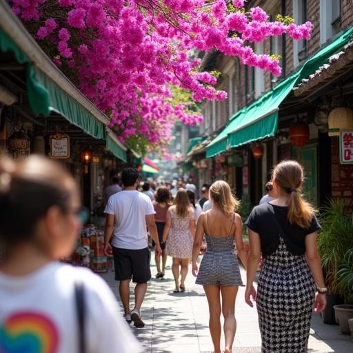 Photograph of a narrow street with vibrant magenta bougainvillea flowers hanging overhead. People walking on the street in casual attire. Traditional Asian architecture with green awnings and colorful shop signs. Potted plants on the sidewalk. Bright daylight creates a lively atmosphere. Notable individuals include a woman in a white t-shirt with a rainbow heart graphic and a woman in a black and white patterned dress. Candid urban scene, medium shot with a slight blur on the left.