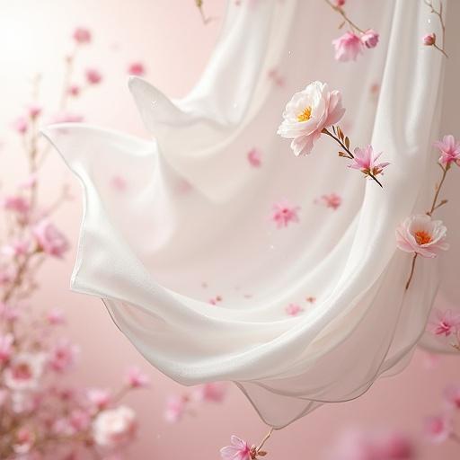 Floating white chador fabric with delicate Termeh patterns. Soft pink theme with flowers falling. Fabric suspended in air waves gently creating atmosphere.