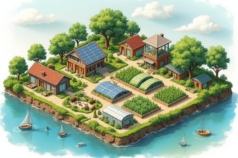 Isometric illustration of a sustainable city with nature integration. The city shows vertical farms and solar panels. Circular food systems with livestock and greenhouses visible. Natural water filtration systems included. Features various housing styles in a watercolor art style. Focuses on sustainability and eco-friendliness.