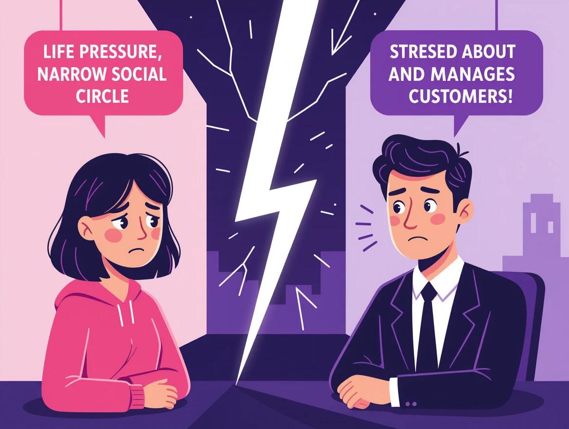 2.5D illustration depicting two contrasting characters. A lonely young person expresses sadness and stress symbolizing life pressure and a narrow social circle. A businessman shows frustration about customer management. A lightning bolt prominently separates them.