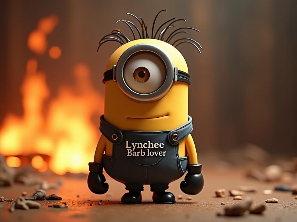 A cartoon character resembling a yellow Minion standing in front of a warm, glowing fire, wearing overalls with the text 'Lynchee Barb lover' on the front.