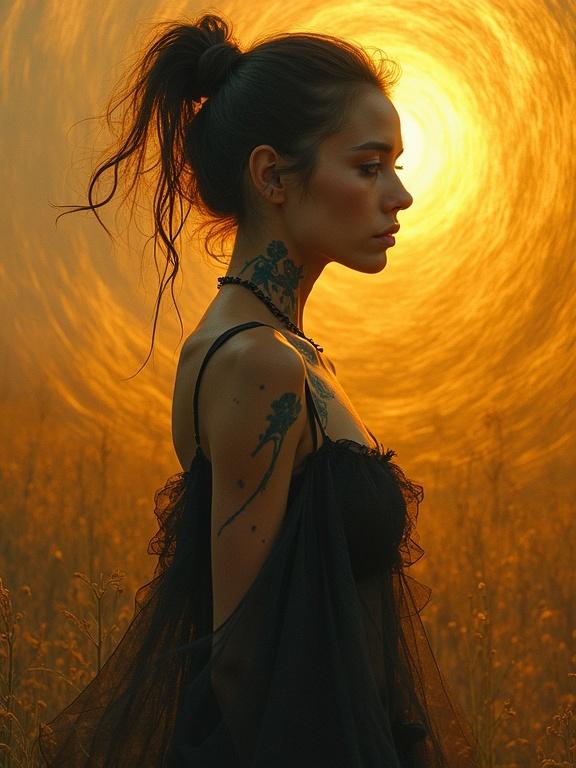 Portrait of a starlet in a surreal landscape. Subject has deep disappointment in expression. Set against a textured amber and gold background. Warm hues enhance the scene. Features moving abstract patterns. Showcases tattooed skin, with a focus on beauty and charm.
