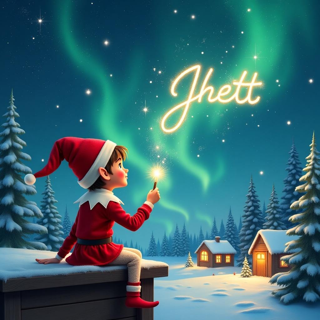 Elf sits on wooden ledge gazing at magical sky. Dressed in red outfit with pointed hat. Holds sparkling wand. Wand writes name 'Jhett' in starry sky. Snowy landscape with charming houses and evergreen trees under shimmering Northern Lights. Captures essence of childhood magic and Christmas cheer.